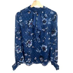 White House Black Market Donatella & Ecru Floral Chiffon Ruffled Top